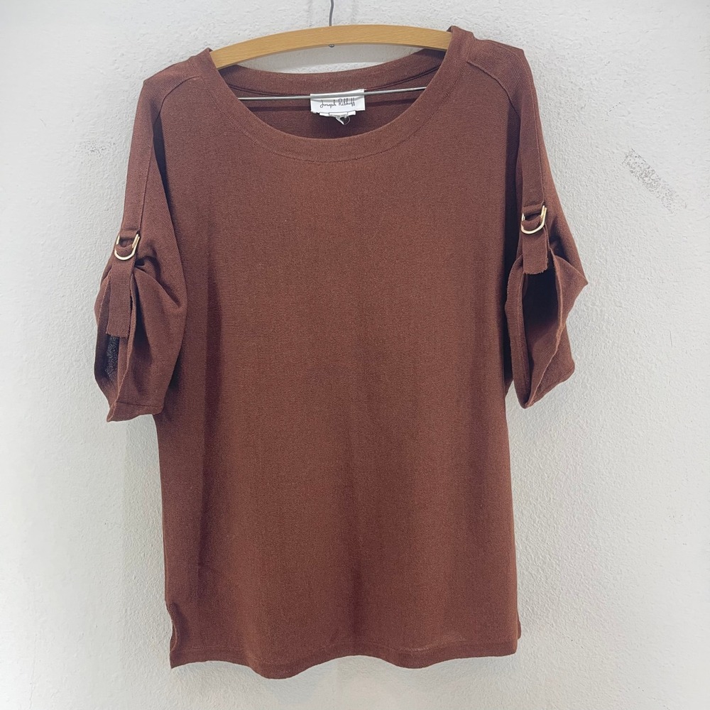 Joseph Ribkoff‎ Brown Knit Top Gold Buckle Sleeve Detail Tunic Size M Lagenlook